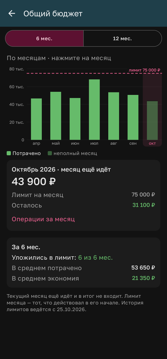 Бюджет: траты по месяцам и лимит